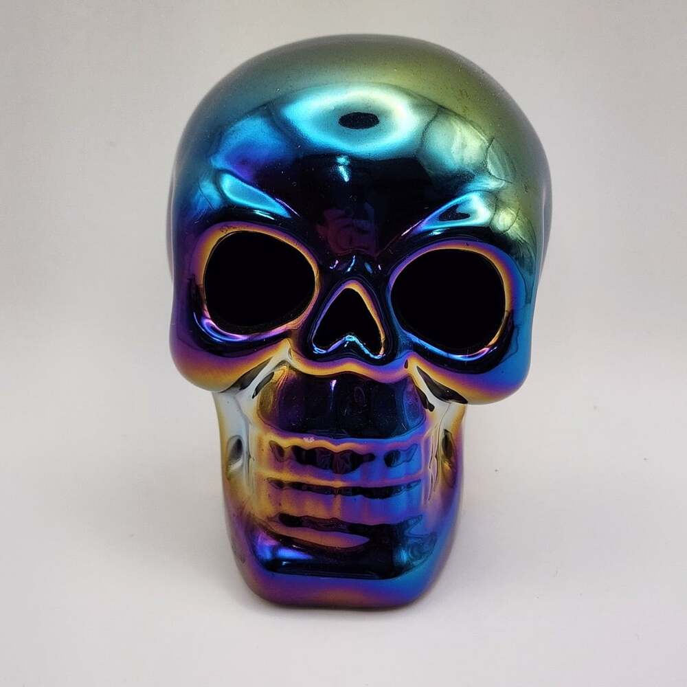 Iridescent Rainbow Ceramic Skull Figurine Holographic Goth Decor